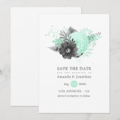 Munt- en houtskool zwarte bloemrijke rustieke trou save the date (Voorkant / Achterkant)