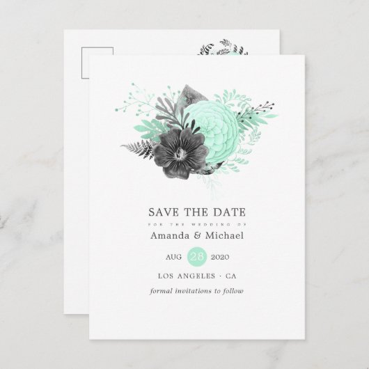 Munt en Koolstof Floral Rustic sparen de Datum Aankondigingskaart (Voorkant / Achterkant)