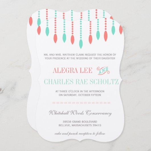 Munt en koraal Moderne Traan Drop Beaded Uitnodigi Kaart (Voorkant / Achterkant)