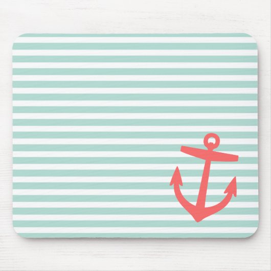 Munt en koraal Nautical Stripes en Cute Anchor Muismat (Voorkant)