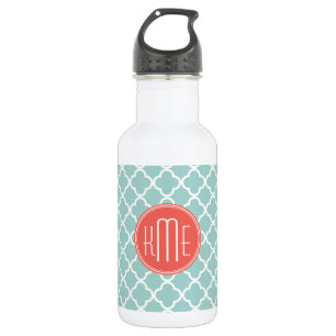 Munt en Koraal Quatrefoil met Aangepast Monogram Waterfles
