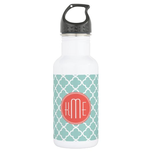 Munt en Koraal Quatrefoil met Aangepast Monogram Waterfles (Voorkant)