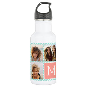 Munt- en koraalfotocollage met aangepast monogram waterfles