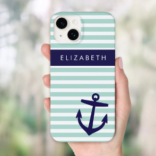 Munt en Marine Nautical Stripes Anker Monogram Case-Mate iPhone Case