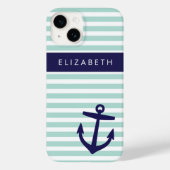Munt en Marine Nautical Stripes Anker Monogram Case-Mate iPhone Case (Achterkant)