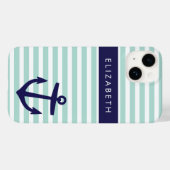 Munt en Marine Nautical Stripes Anker Monogram Case-Mate iPhone Case (Achterkant (horizontaal))