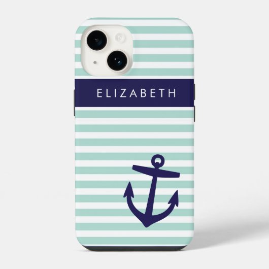 Munt en marine nautische strepen anker monogram iPhone hoesje (Achterkant)