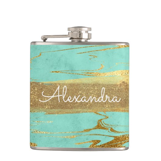 Munt en marmer met goudfolie en glitter heupfles (Voorkant)