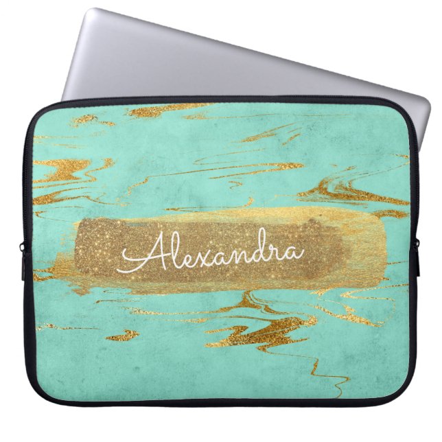 Munt en marmer met goudfolie en glitter laptop sleeve (Voorkant)