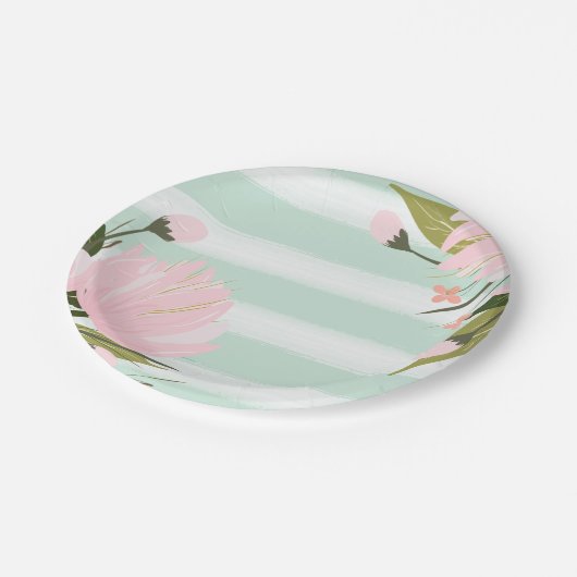 Munt en roze bloemen papieren bordje (Gekanteld)