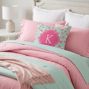 Munt en Roze Chic Vintage Bloemendessin met Monogr Kussen