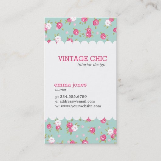 Munt en Roze Chique  Bloemenprint Visitekaartje (Voorkant)