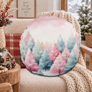 Munt- en Roze Dennenbomen Wintertafereel Rond Kussen