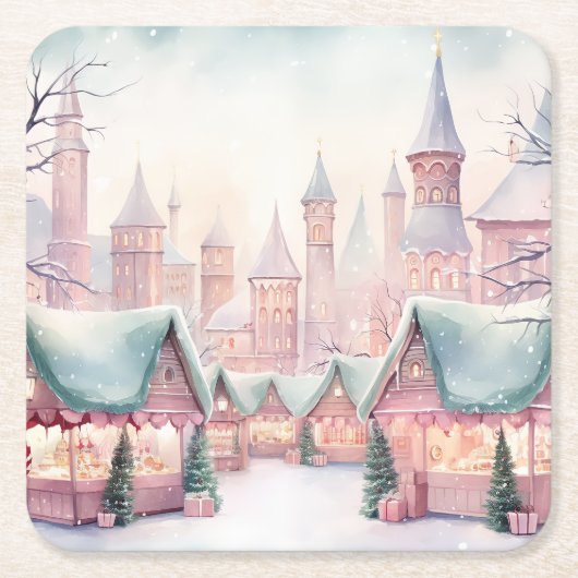 Munt en roze gezellige kerstmarkt - Winter Scene Kartonnen Onderzetters (Voorkant)