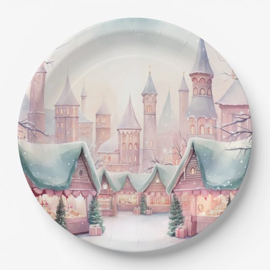 Munt en roze gezellige kerstmarkt - Winter Scene Papieren Bordje (Voorkant)