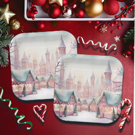 Munt en roze gezellige kerstmarkt - Winter Scene Papieren Bordje