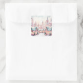 Munt en roze gezellige kerstmarkt - Winter Scene Vierkante Sticker (Tas)