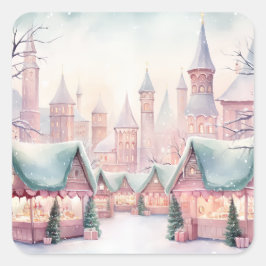 Munt en roze gezellige kerstmarkt - Winter Scene Vierkante Sticker