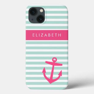Munt en Roze Nautical Stripes Anchor Monogram Case-Mate iPhone Case