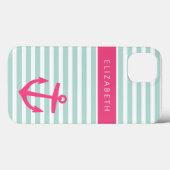 Munt en Roze Nautical Stripes Anchor Monogram Case-Mate iPhone Case (Achterkant (horizontaal))