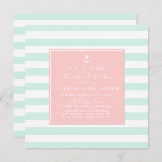 Munt en Roze Nochtans Uitnodiging van het Baby sho (Voorkant / Achterkant)