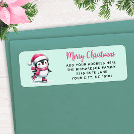 Munt en Roze Schaatspinguïn Vrolijk Kerstfeest Etiket