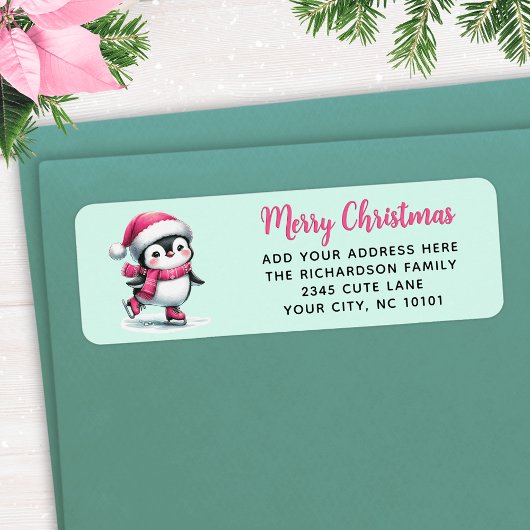 Munt en Roze Schaatspinguïn Vrolijk Kerstfeest Etiket