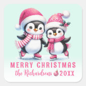 Munt en Roze Schattigee Pinguïns Custom Merry Chri Vierkante Sticker (Voorkant)