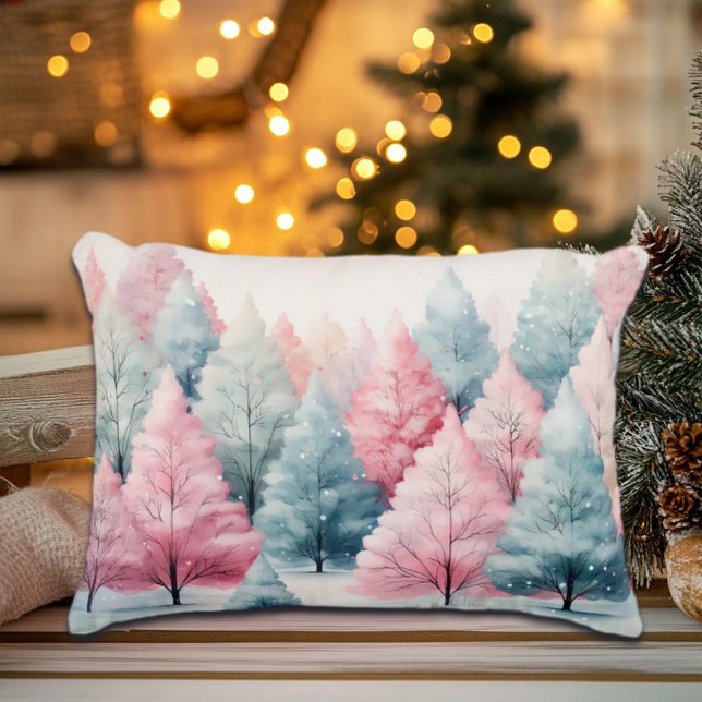 Munt en roze sparren winterscène accent kussen (Creator heeft geüpload)