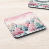 Munt en roze sparren winterscène bier onderzetter (Linkerzijde)