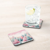 Munt en roze sparren winterscène bier onderzetter (Rechterzijde)