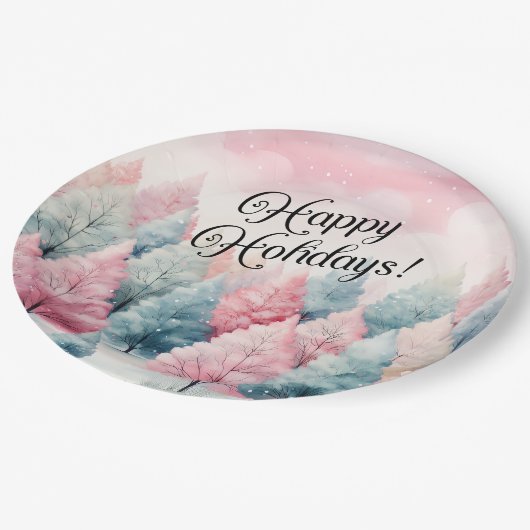 Munt en roze sparren winterscène papieren bordje (Gekanteld)