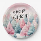 Munt en roze sparren winterscène papieren bordje (Voorkant)