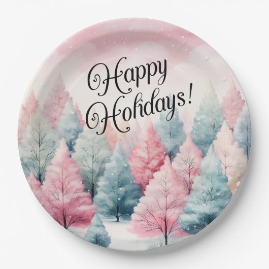 Munt en roze sparren winterscène papieren bordje (Voorkant)