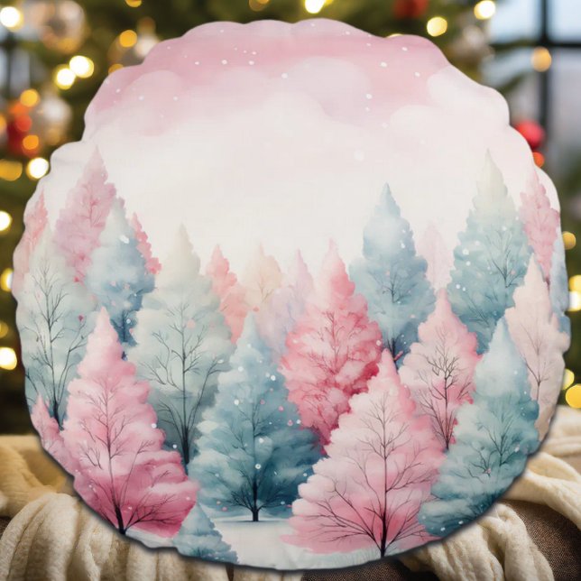 Munt en roze sparren winterscène rond kussen (Creator heeft geüpload)