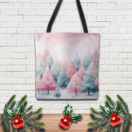 Munt en roze sparren winterscène tote bag