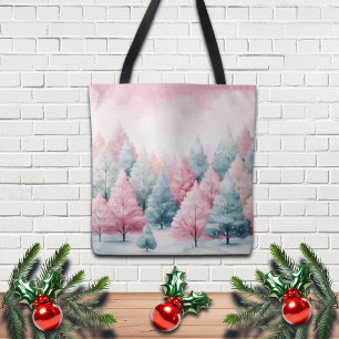 Munt en roze sparren winterscène tote bag