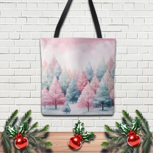 Munt en roze sparren winterscène tote bag