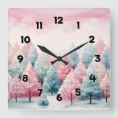 Munt en roze sparren winterscène vierkante klok (Voorkant)