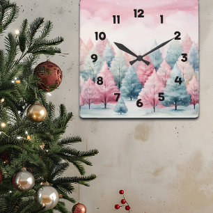 Munt en roze sparren winterscène vierkante klok