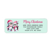 Munt en Roze Vrolijke Kerst Schaatspinguïns Etiket (Voorkant)