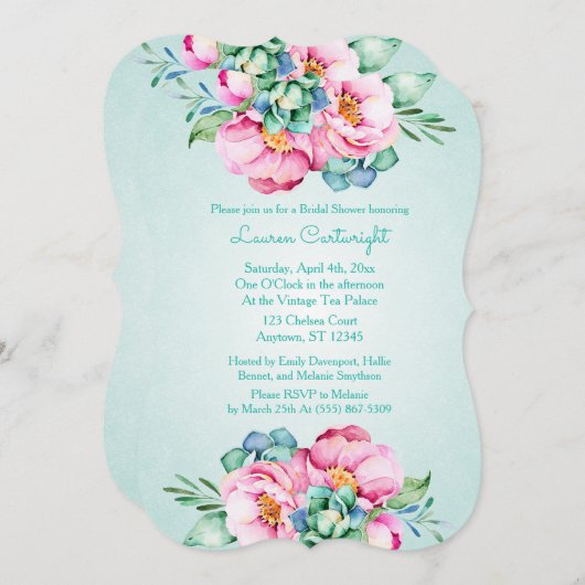 Munt en Roze Waterverf Bloem Uitnodiging (Voorkant / Achterkant)