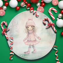 Munt en roze Winter Scene Girl Schaatsen Ronde
