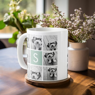Munt en witte fotocollage met monogram koffiemok