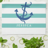 Munt en witte strepen Blauw Nautisch Anker 2 Theedoek (Gevouwen)