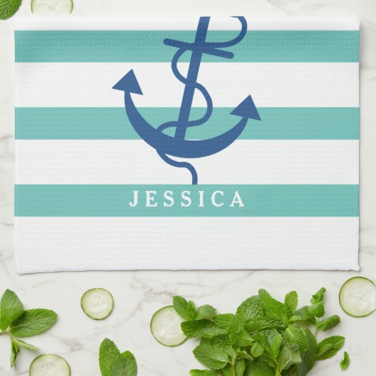 Munt en witte strepen Blauw Nautisch Anker 2 Theedoek (Gevouwen)