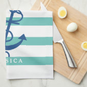 Munt en witte strepen Blauw Nautisch Anker 2 Theedoek (Quarter Fold)