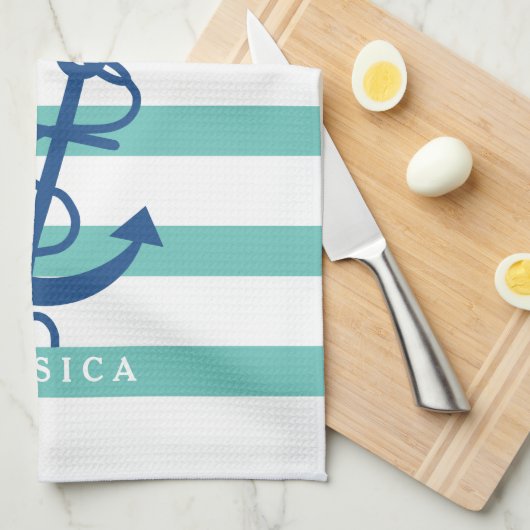 Munt en witte strepen Blauw Nautisch Anker 2 Theedoek (Quarter Fold)