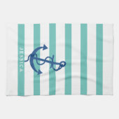 Munt en witte strepen Blauw Nautisch Anker 2 Theedoek (Horizontaal)