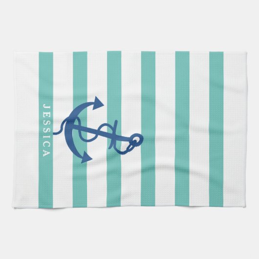 Munt en witte strepen Blauw Nautisch Anker 2 Theedoek (Horizontaal)